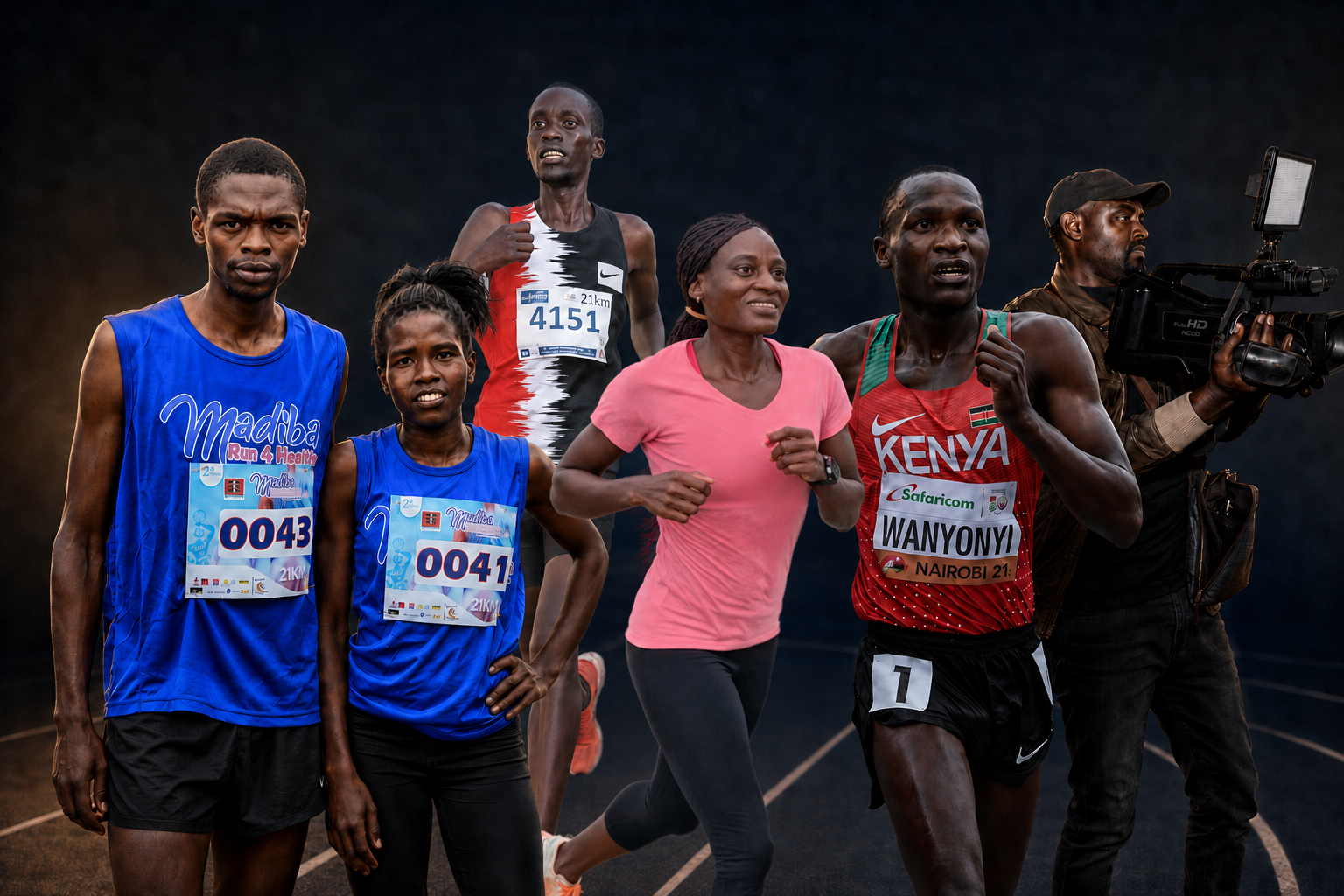 LionStride athletes Alfred, Sharon, Geofrey, Liliane, and Heristone with media producer Larry